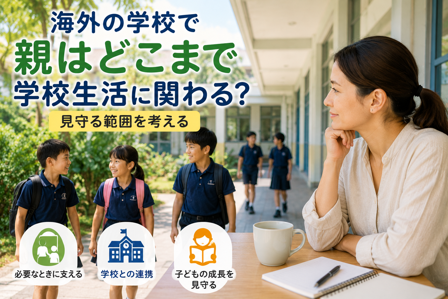 海外の学校で、親が少し離れた場所から子どもの学校生活を見守っている様子