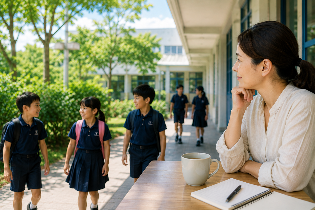 海外の学校で、親が少し離れた場所から子どもたちの学校生活を見守っている様子