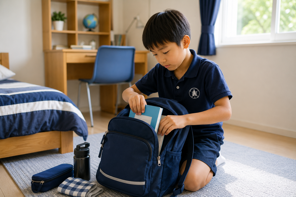 海外の学校生活に向けて、子どもが自分でスクールバッグにノートや必要な持ち物を整理して準備している様子