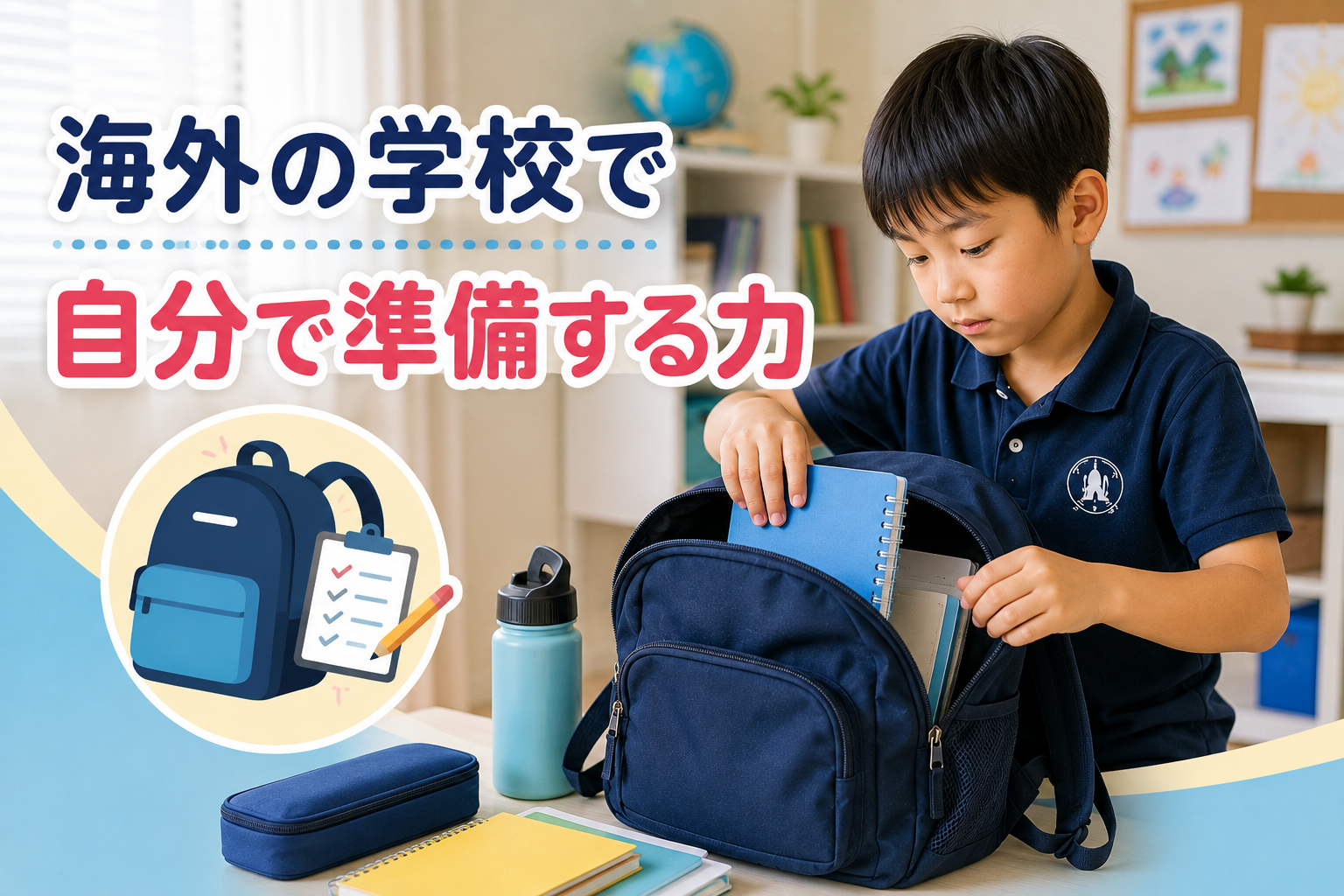 海外の学校で子どもが自分でスクールバッグに必要な持ち物を準備している様子を描いた