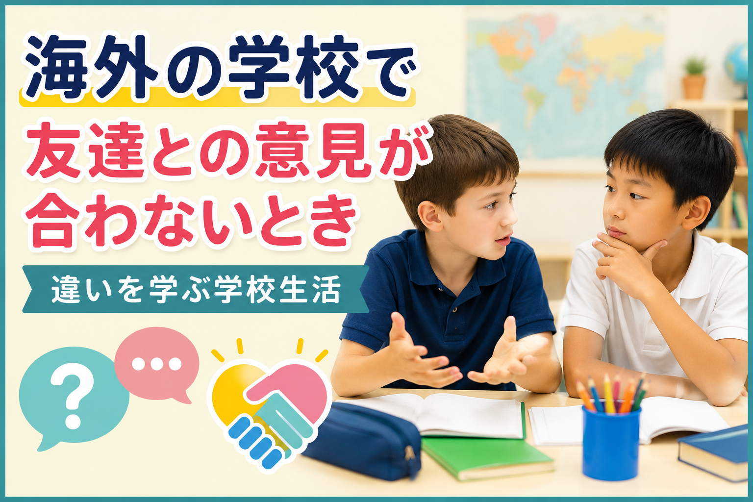 海外の学校で、友達同士が異なる意見について話し合っている様子