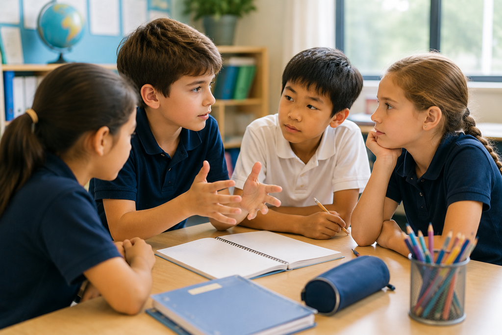海外の学校で、子どもたちがグループで話し合いながら一緒に学んでいる様子
