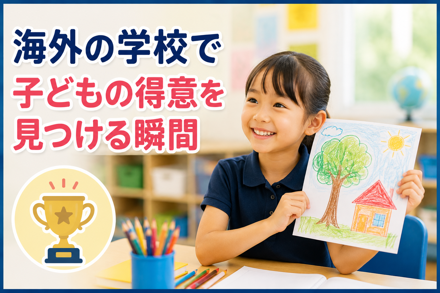 海外の学校で、子どもが自分の絵を見せながら得意なことを表現している様子