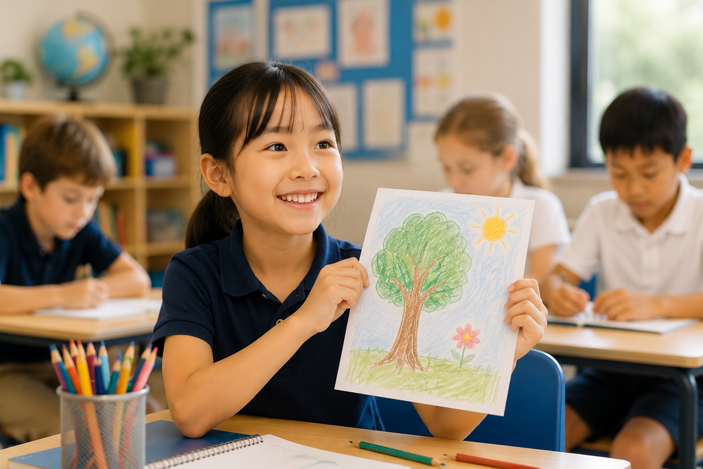 海外の学校で、子どもが絵を描く活動を通して自分の得意なことを表現している様子