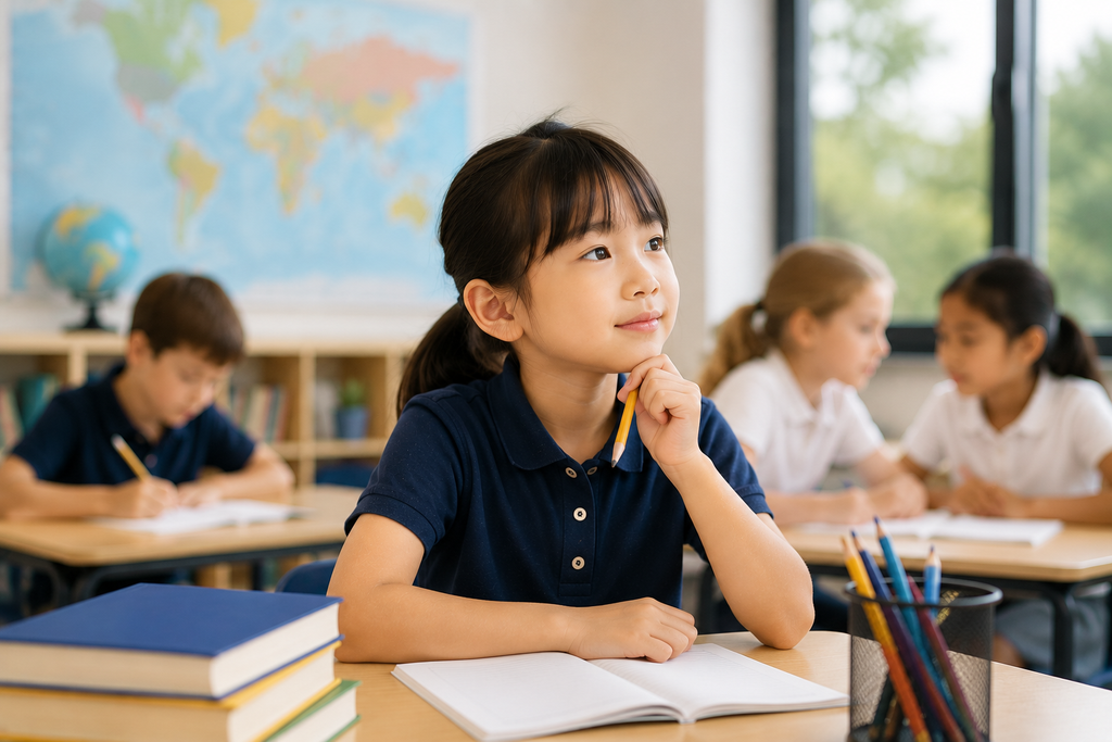 海外の学校の教室で、静かな子どもが自分のペースでノートに向かいながら考えている様子