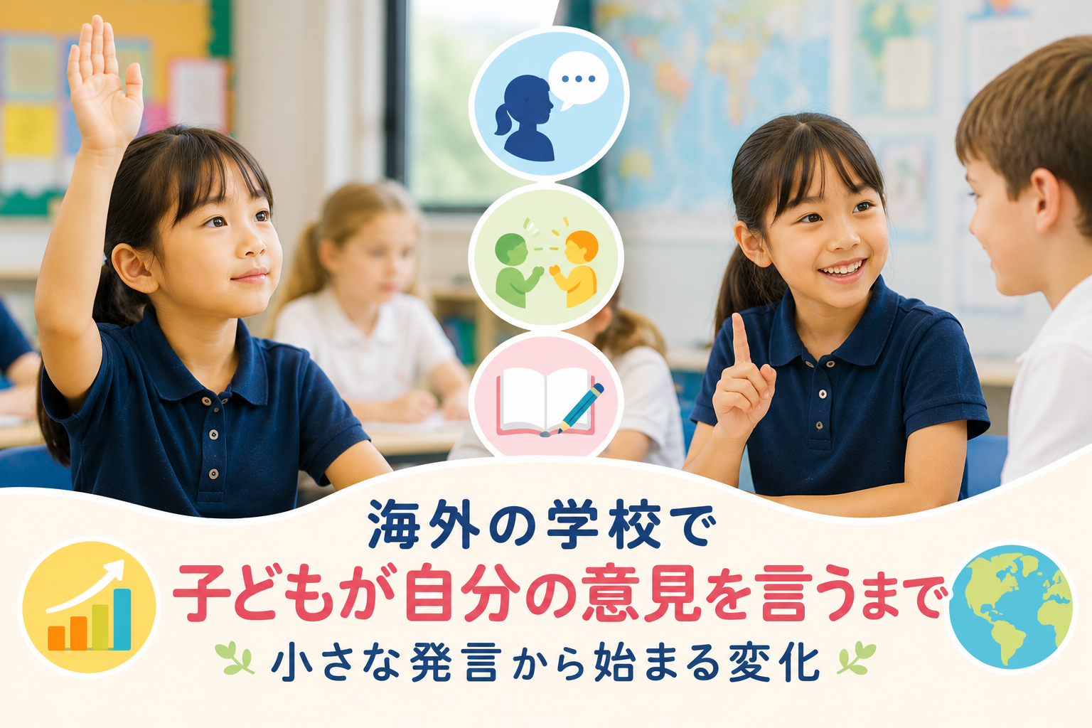 海外の学校で、子どもが手を挙げて発言したり、友達に自分の意見を伝えたりしている様子