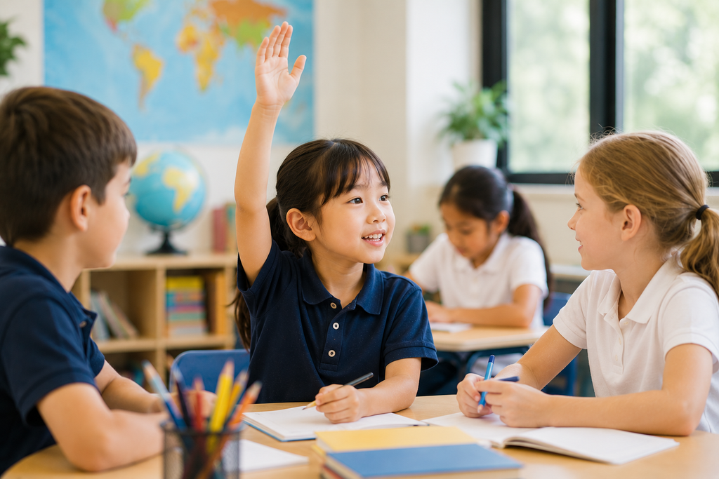 海外の学校の教室で、子どもが手を挙げて自分の考えを伝えようとしている様子。