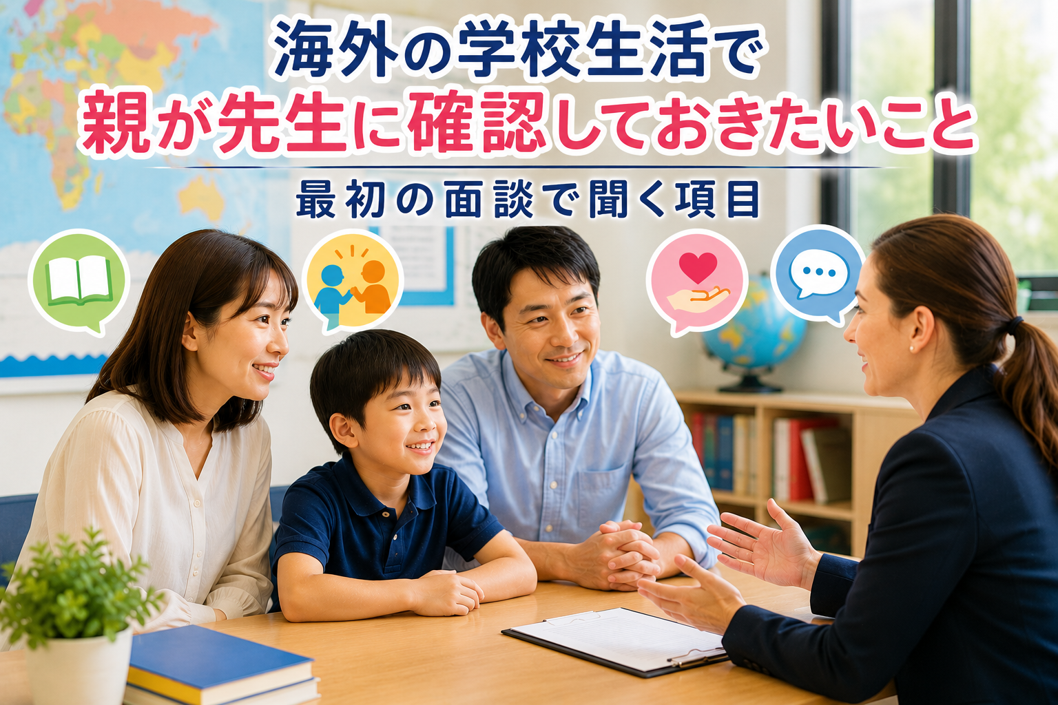 海外の学校で、親子が先生と面談し、子どもの学校生活について確認している様子