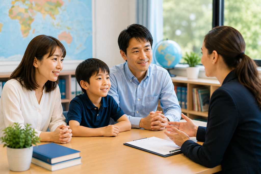 海外の学校で、親子が先生と向かい合い、子どもの学校生活について話を聞いている様子