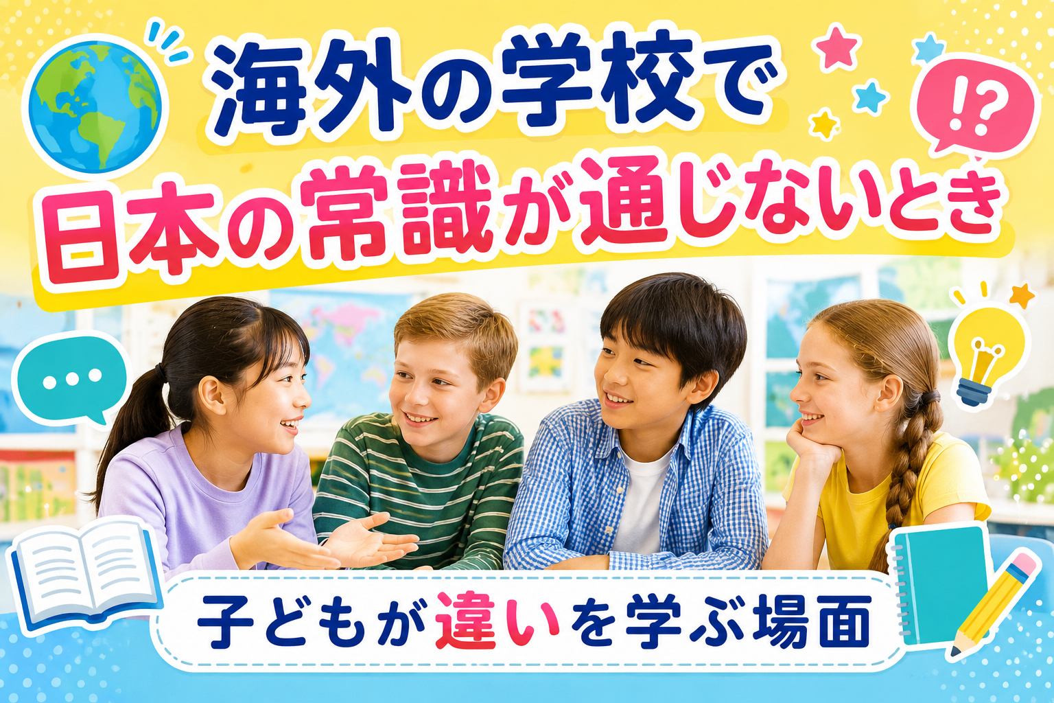 海外の学校で、子どもたちが日本とは異なる学校生活や考え方について話し合っている様子