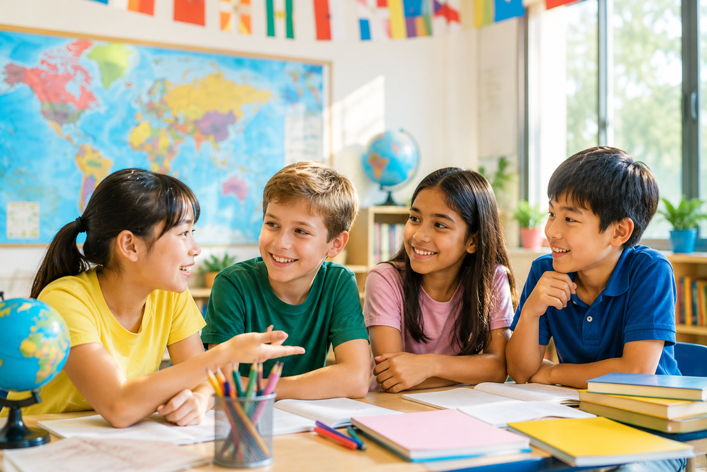 海外の学校で、子どもたちが国や文化の違いを感じながら一緒に学び、会話している様子