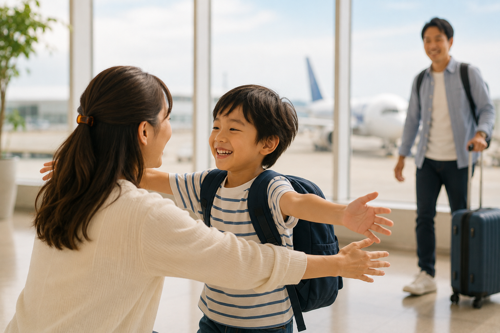 帰国した子どもを空港で母親が笑顔で迎える様子を描いたイメージ画像