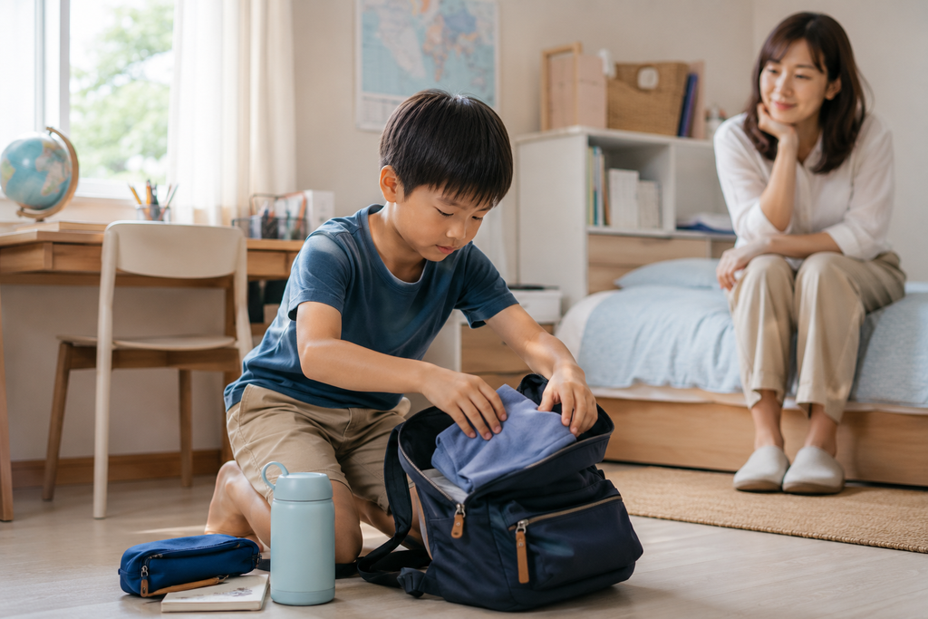 海外生活をイメージした部屋で、自分で荷物を整理する子どもを母親がそばで見守っている様子。