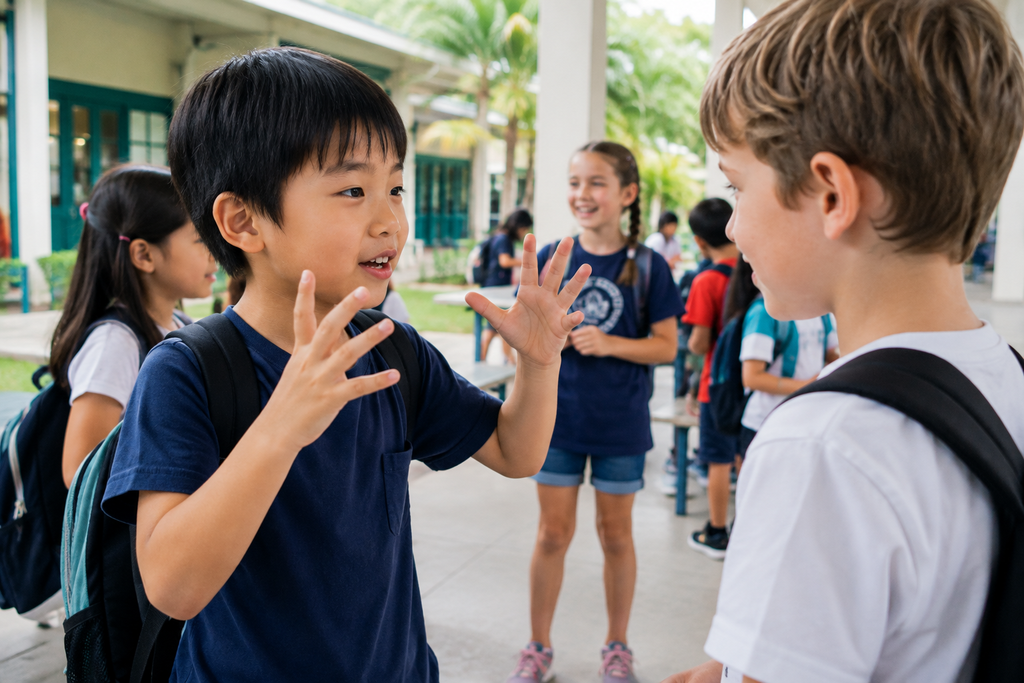 海外の学校で、身振りを交えながら友達に一生懸命伝えようとする子ども。