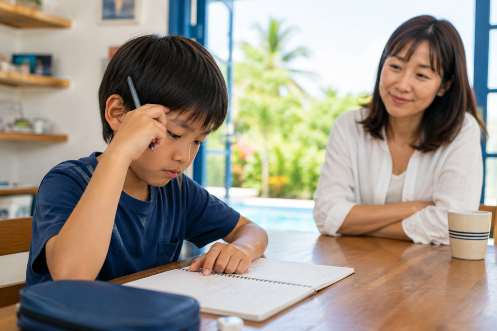 海外の明るい住環境で、困ったことを自分で考える子どもを、母親がすぐに手を出さず見守っている様子。