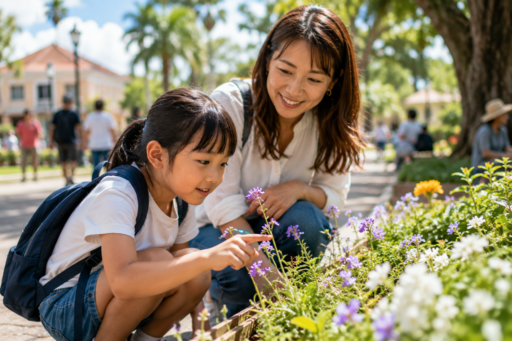 海外の公園で花を指さしながら興味を示す子どもと、その姿を近くで見守る母親。