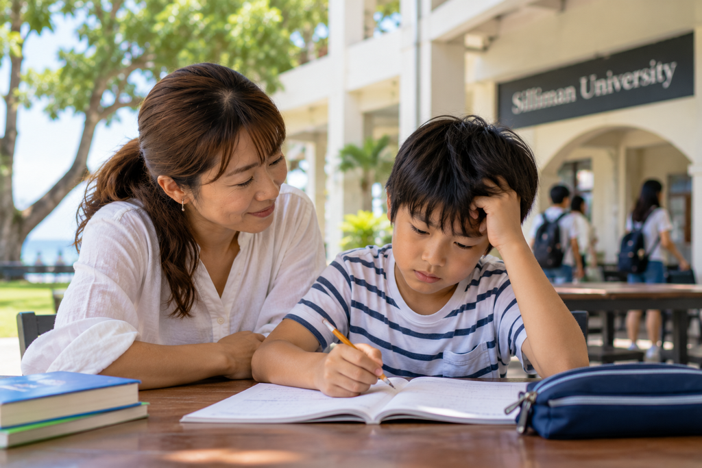 学校のキャンパスエリアで宿題をする親子の様子