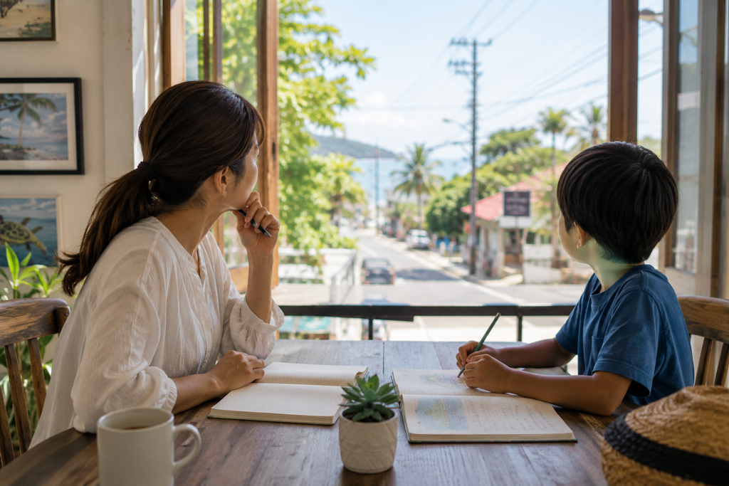 海外の明るい窓辺で、母親と子どもがそれぞれノートに向かいながら、同じ景色や経験を一緒に感じている様子。