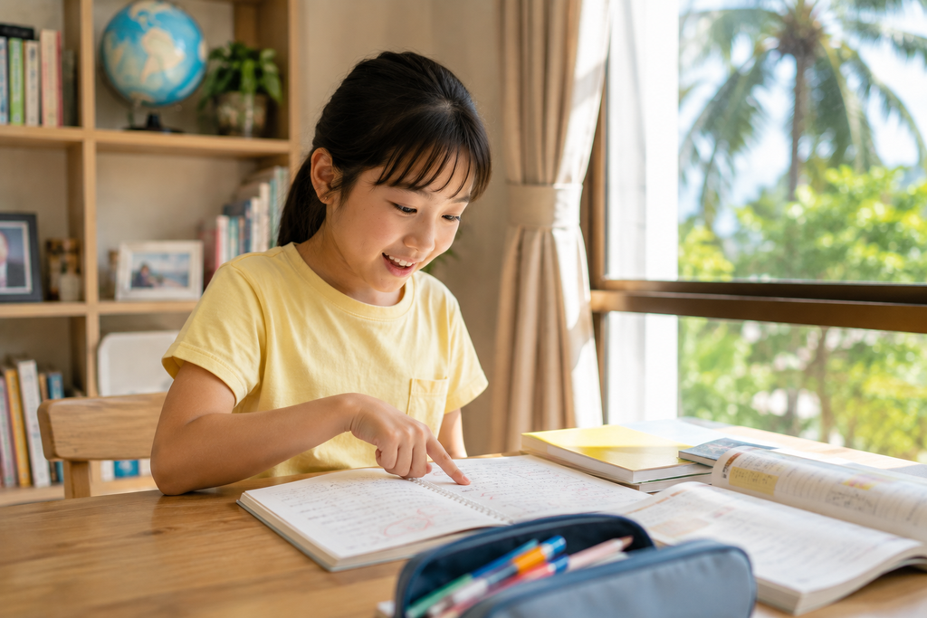 海外の明るい学習スペースで、子どもが自分のノートを見ながら「できたこと」に気づき、うれしそうにしている様子。