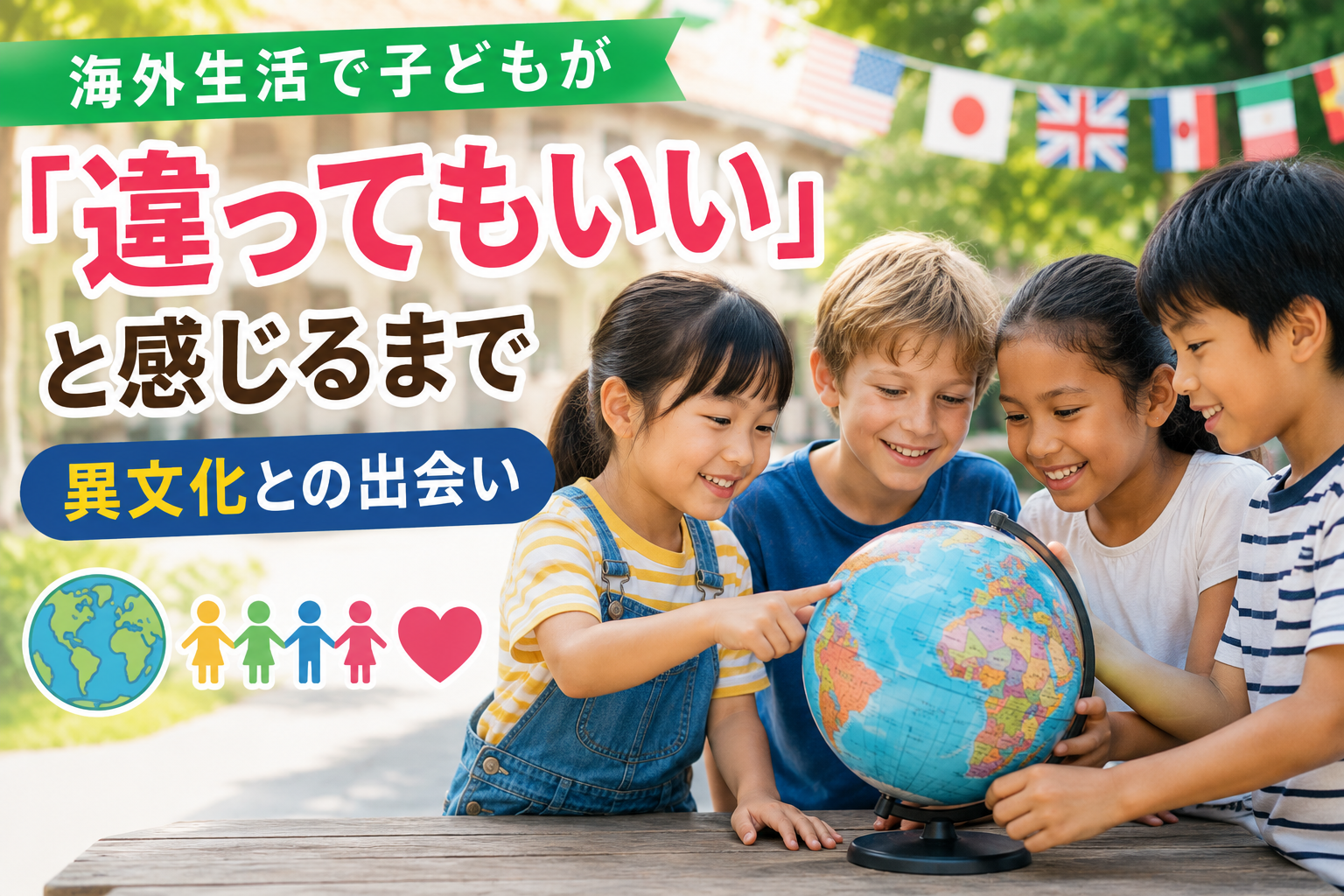海外の学校で、異なる文化背景を持つ子どもたちが自然に会話し、互いの違いを楽しみながら交流している様子。