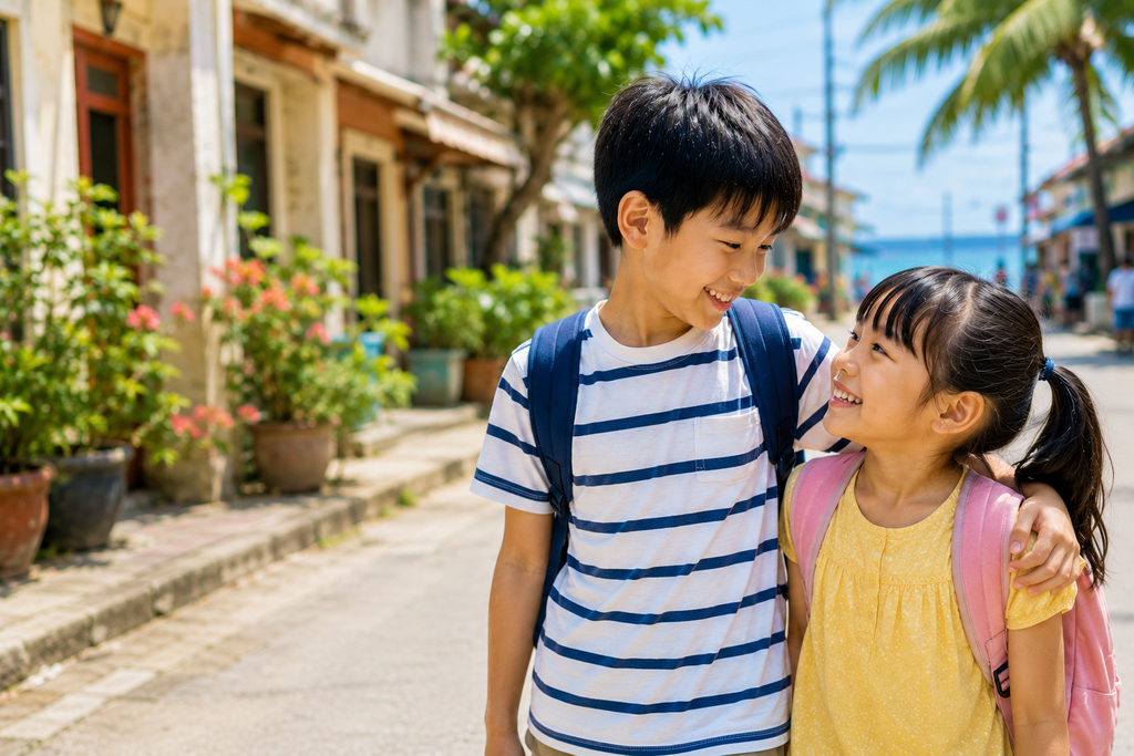 海外の明るい街並みを、兄が妹に寄り添いながら一緒に歩いている兄妹。