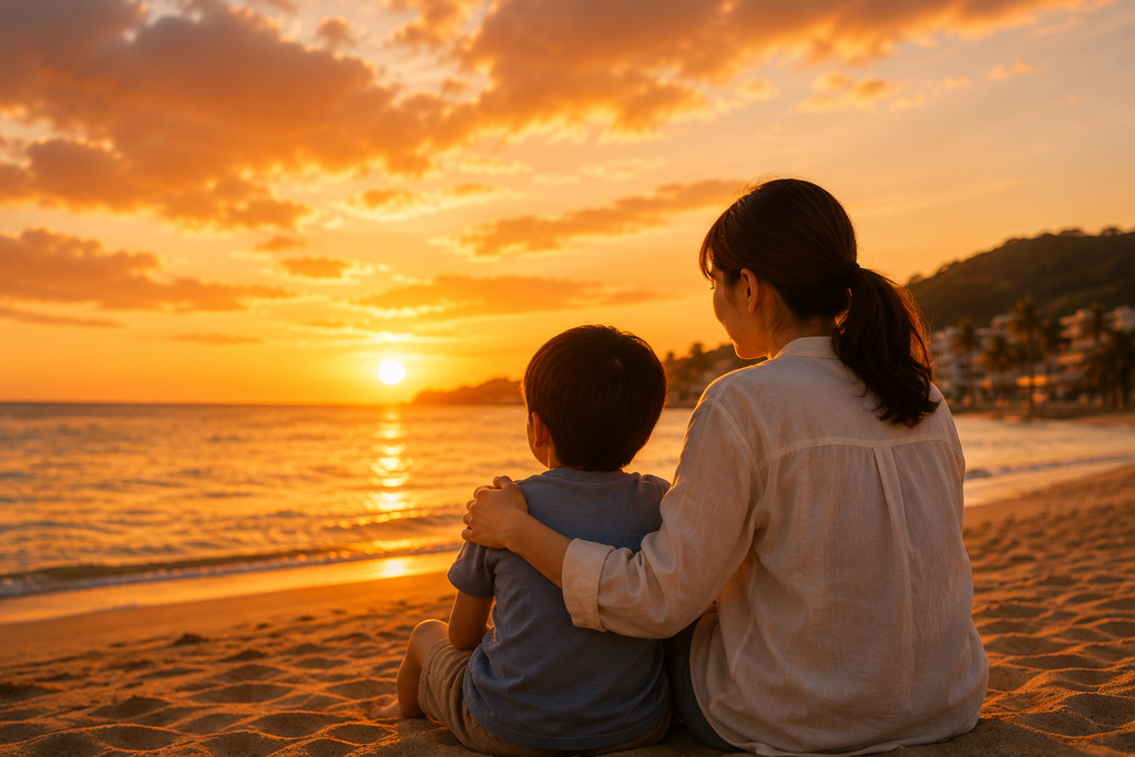 夕焼けの海辺で、母親と子どもが並んで座り、穏やかな時間を一緒に過ごしている様子。