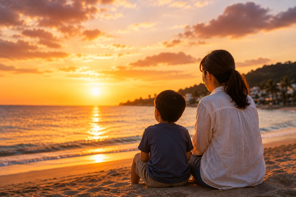 夕暮れの海辺で、母親と子どもが並んで座り、沈む夕日を眺めながら穏やかな時間を過ごしている様子。