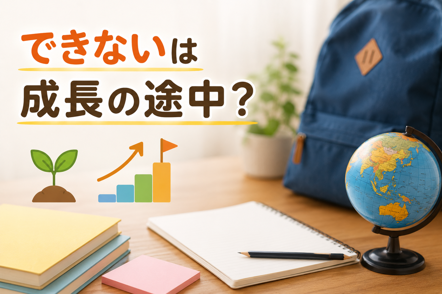 親子留学中の子どもの「できない」を成長の途中として捉え、学習や新しい経験に取り組む姿を表現したイメージ。
