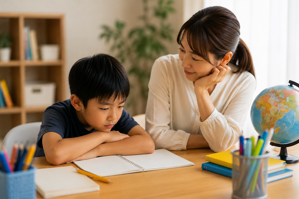 海外での学習中、思うようにできず考え込む子どもを、母親がすぐに答えを与えず穏やかに見守っている様子。