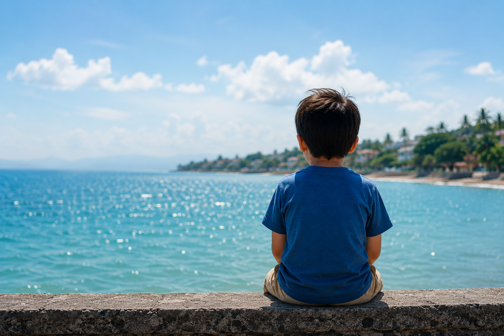 海外の海辺で、子どもが一人で海を眺めながら、慣れてきた新しい日常を静かに感じている後ろ姿。