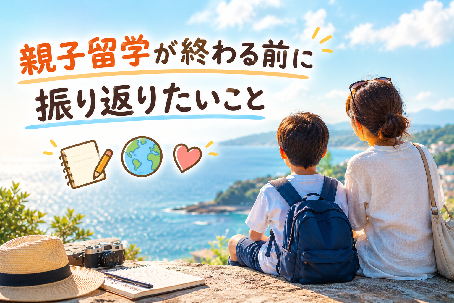 海を望む高台で、親子がこれまでの親子留学を静かに振り返りながら、ノートや写真を通して思い出を整理している様子。
