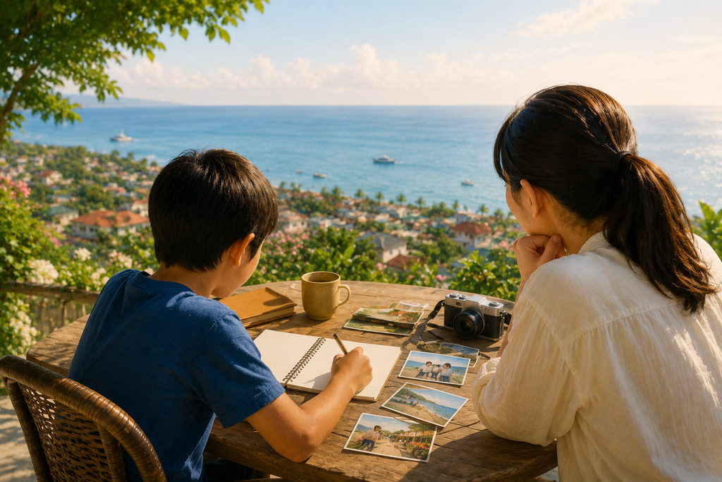 海外の海辺を望むテラスで、親子がノートや写真を見ながら、親子留学での経験を静かに振り返っている様子。