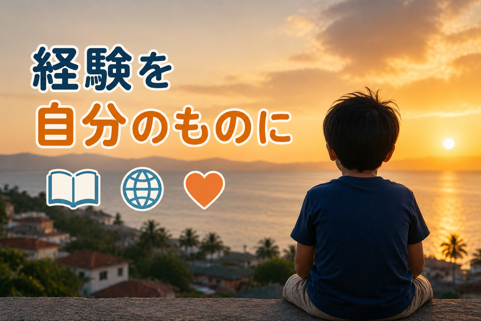 夕暮れの海を見つめる子どもの後ろ姿。海外での経験を自分自身のものとして受け止めている様子。