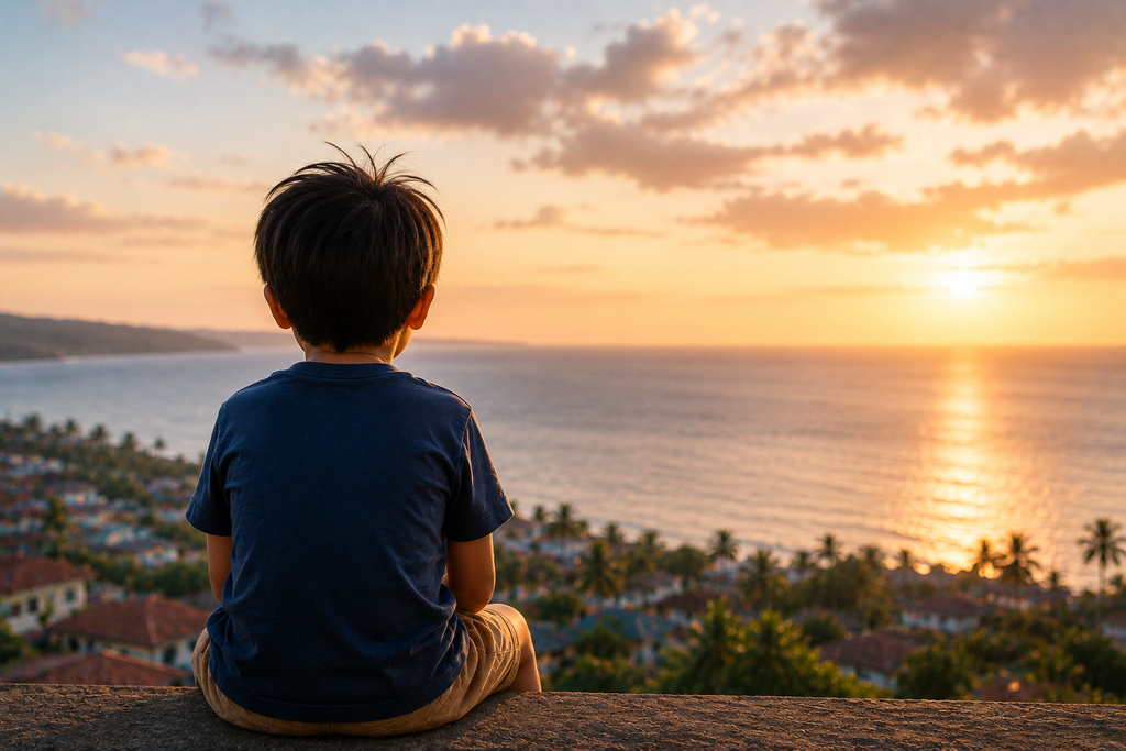 夕暮れの海と海外の街並みを見つめる子どもの後ろ姿。親に決めてもらうのではなく、自分自身の経験として静かに受け止めている様子。
