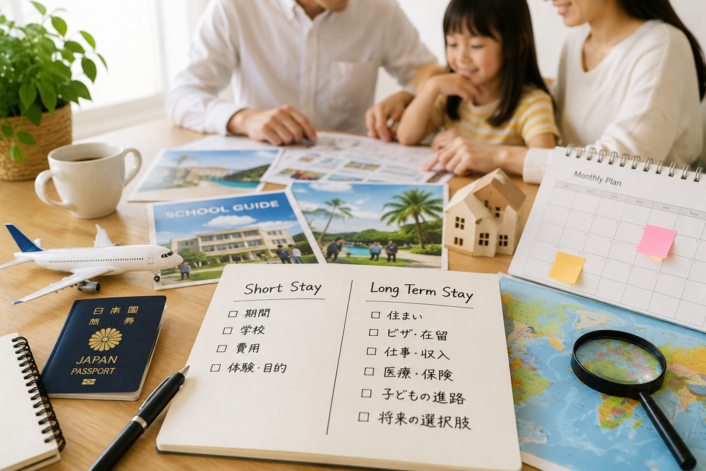親子留学と教育移住の違いを考える家族。机の上に航空券、学校資料、カレンダー、地図、住まいの資料などを並べ、短期滞在と長期生活を比較しながら家族で相談している様子。