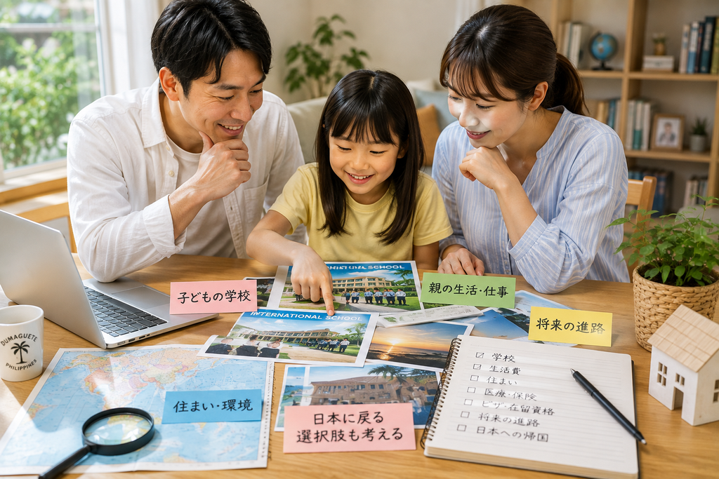 親子留学後の教育移住について家族で相談している様子。学校資料や地図、住まい、生活環境、将来の進路などをテーブルに広げ、家族で長期生活について考えているイメージ。
