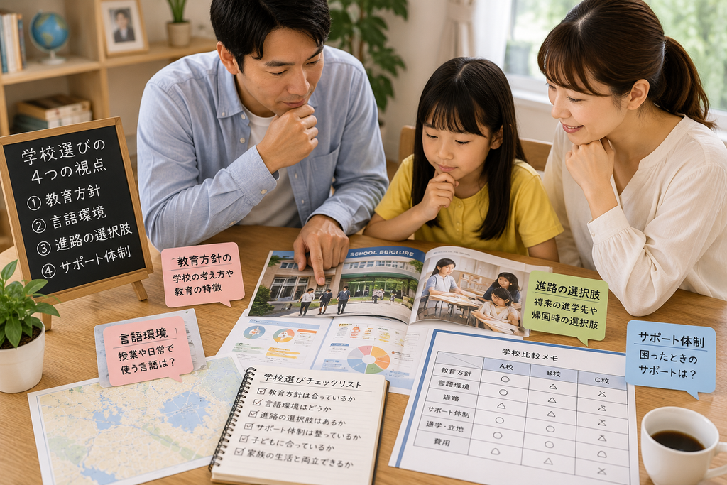 教育移住を考える家族が、学校資料を見ながら教育方針・言語環境・進路の選択肢・サポート体制などの視点から子どもの学校を比較検討している様子。