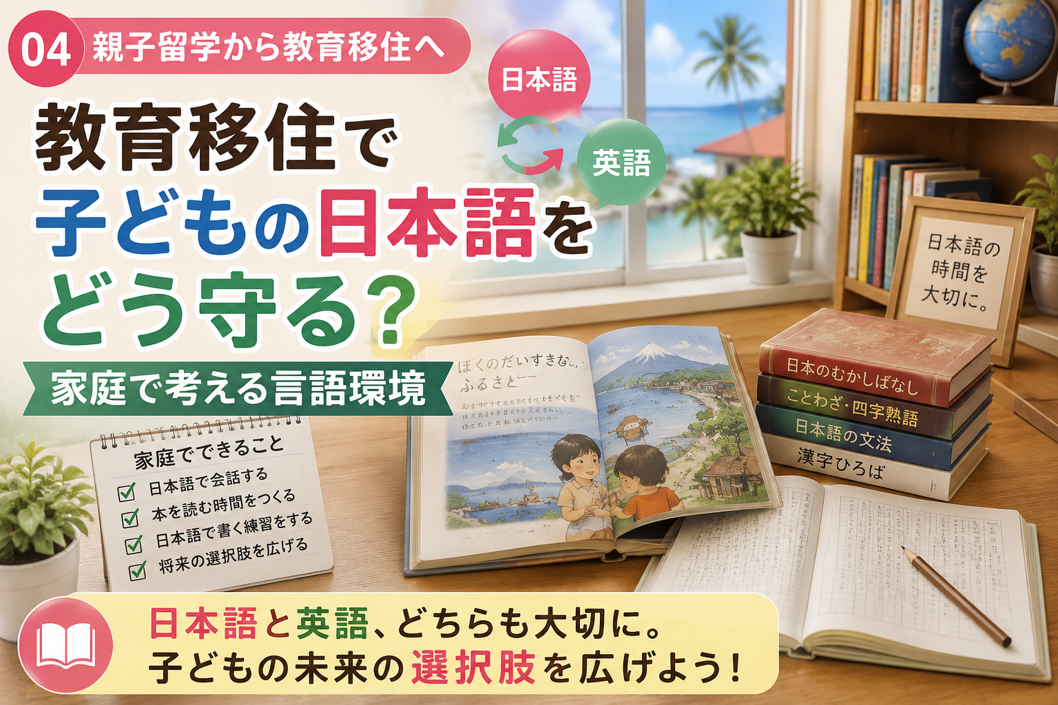 海外の街並みが見える窓辺で子どもが日本語の本を読み、海外生活の中でも家庭で日本語に触れる言語環境を表現したイメージ。