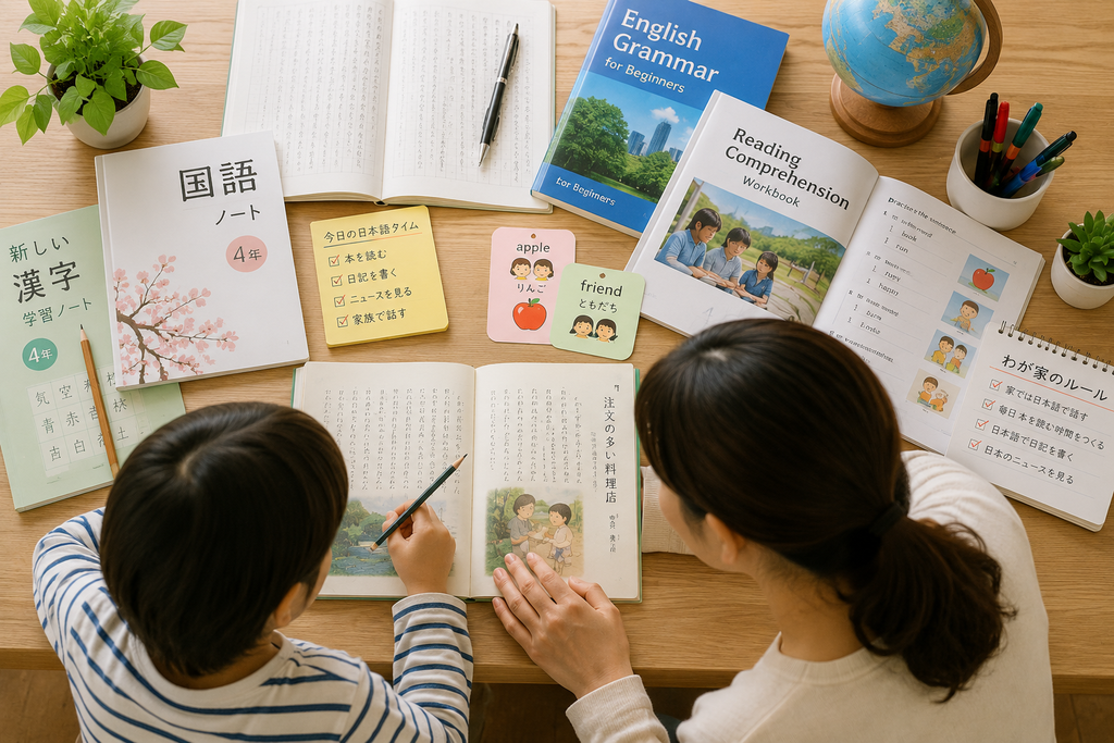 教育移住で子どもの日本語を守る家庭のイメージ。テーブルの上に日本語の本と英語教材を並べ、親子が向かい合って言語環境について考えている様子。