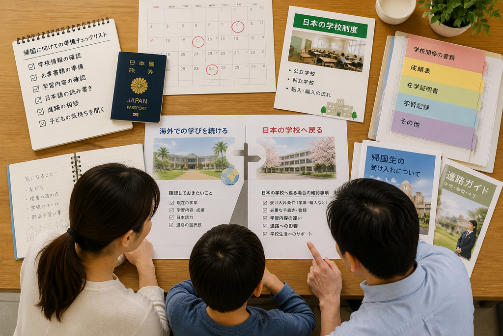 教育移住後に日本の学校へ戻ることを考える親子。机の上に海外と日本の学校・進路に関する資料を並べ、帰国時の学年、学習内容、日本語、学校の受け入れ条件などを確認している様子。