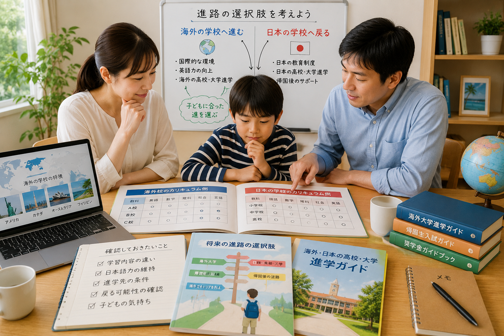 教育移住で進路の選択肢を考える家族。海外校と日本校の両方を視野に入れ、学校資料や進路情報を比較しながら、子どもに合った進路を考えている様子。