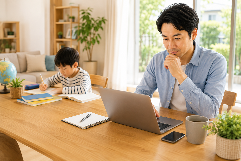 教育移住で親の仕事と家族の生活設計を考える家庭のイメージ。親がパソコンで仕事をする手前にワークスペースがあり、奥では子どもが学校の準備をしている、仕事と家庭生活を両立する様子。