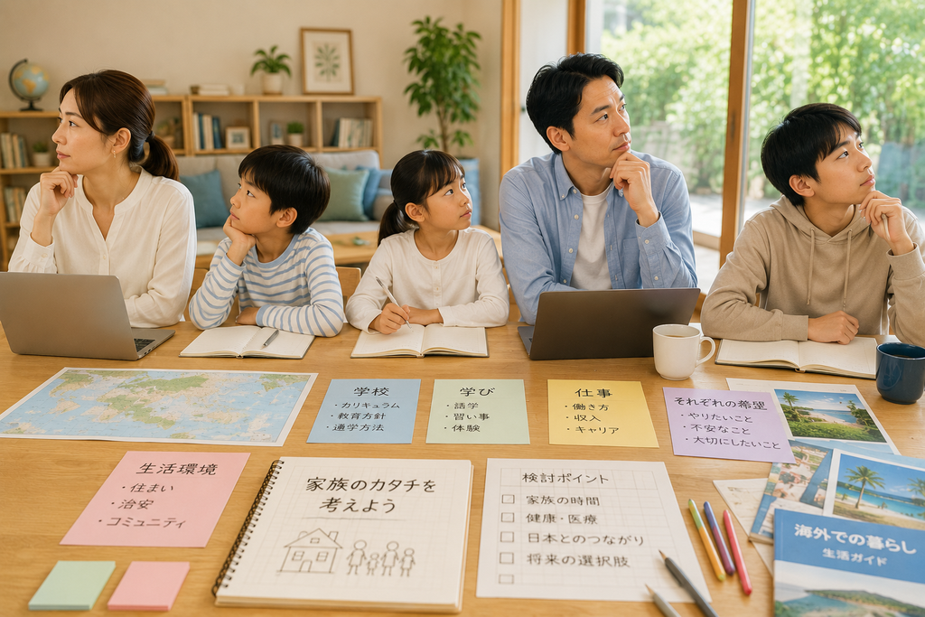 教育移住で家族全員が同じ選択をする必要があるのかを考える家族。テーブルを囲み、それぞれ異なる資料を手にしながら、親子が異なる希望や事情を確認し、家族それぞれに合った生活の形を考えている様子。