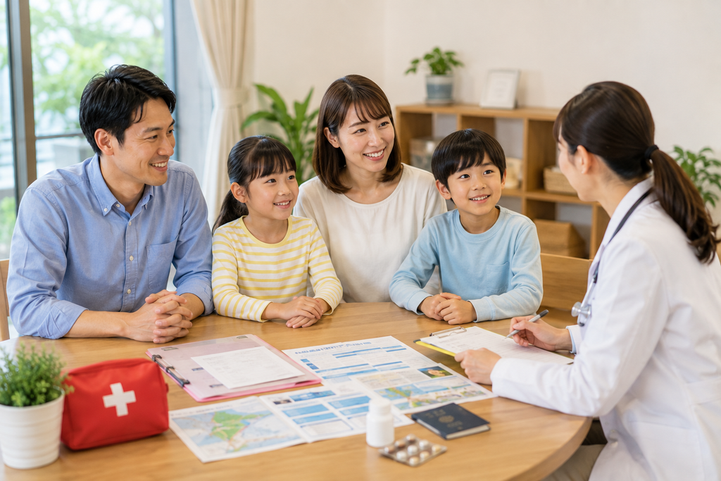 教育移住で医療・保険について確認する家庭のイメージ。親が医療や保険に関する書類を確認し、その横で子どもが普段通りに過ごしている家庭風景。長期海外生活に備えて、家族の医療と保険を落ち着いて準備している様子。