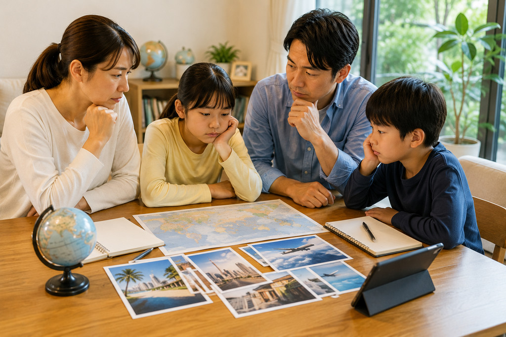 教育移住中に子どもが日本への帰国を考え、家族で地図や写真などを見ながら、海外生活を続けるか帰国するかを静かに話し合っている家庭の様子。