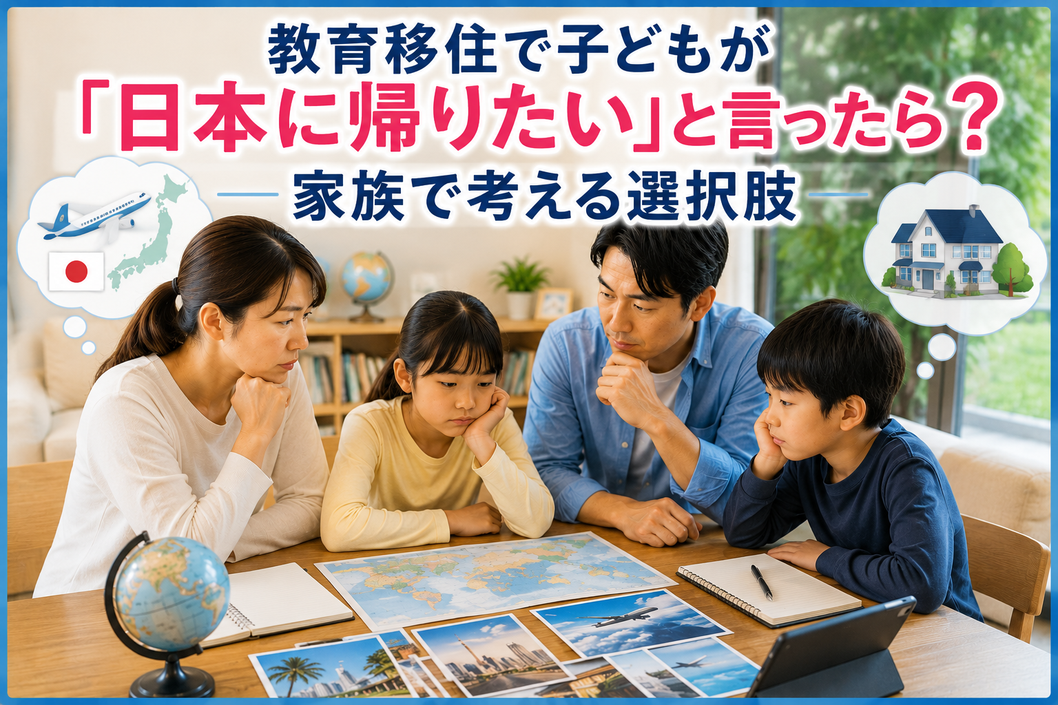 教育移住中に子どもが「日本に帰りたい」と話したとき、家族で気持ちや理由を整理し、帰国と海外生活の継続を含めた選択肢を考えている様子を描いたサムネイル。