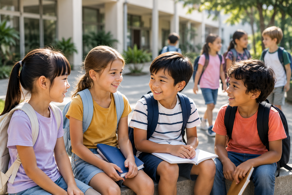 教育移住で海外の学校に通う子どもたち。学校の中庭で異なる背景の子どもたちが自然に会話をし、一緒に過ごしながら友達関係を築いている様子。