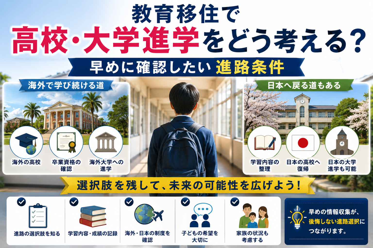 教育移住で高校・大学進学をどう考えるかを表現したサムネイル。海外で学び続ける道と日本の高校・大学へ戻る道を左右に配置し、中央に進路を考える子どもを描いている。海外・日本それぞれの進路条件、学習内容、卒業資格、進学先などを確認しながら、将来の選択肢を残して考えるイメージ。