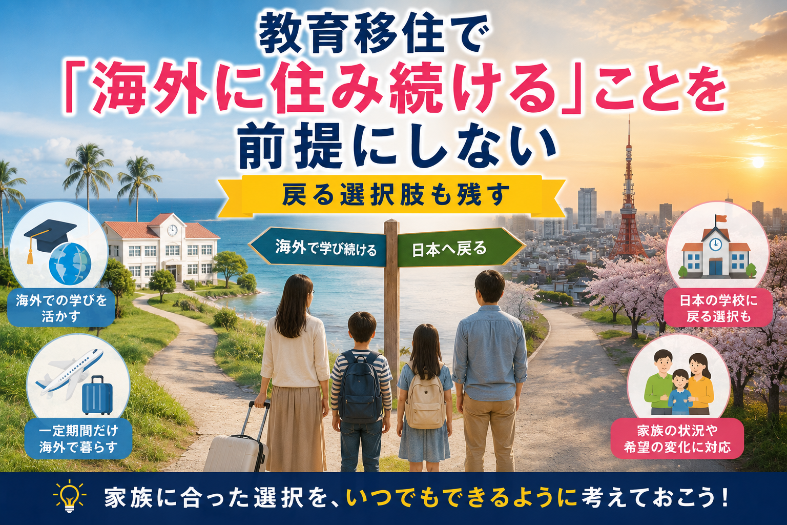 親子留学について、定住型か短期留学かを家族で選択するイメージ画像