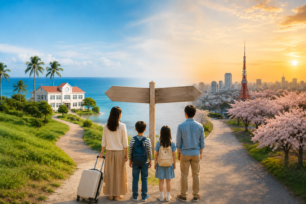 教育移住で海外に住み続けることを前提にせず、日本へ戻る選択肢も残しながら家族の将来を考えるイメージ。海外の学校や海辺の風景と日本の街並みを左右に配置し、家族が分岐点に立って、それぞれの進路を考えている様子。